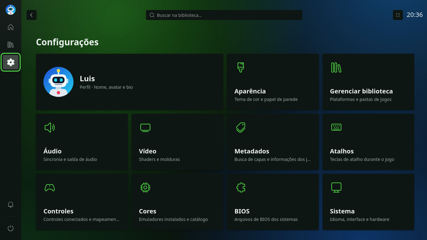 Configurações em cartões: perfil, aparência, biblioteca, áudio, vídeo, metadados, atalhos, controles, cores, BIOS e sistema
