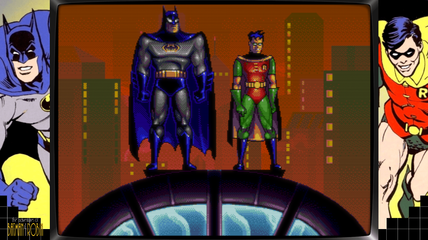 The Adventures of Batman & Robin com moldura temática e shader CRT